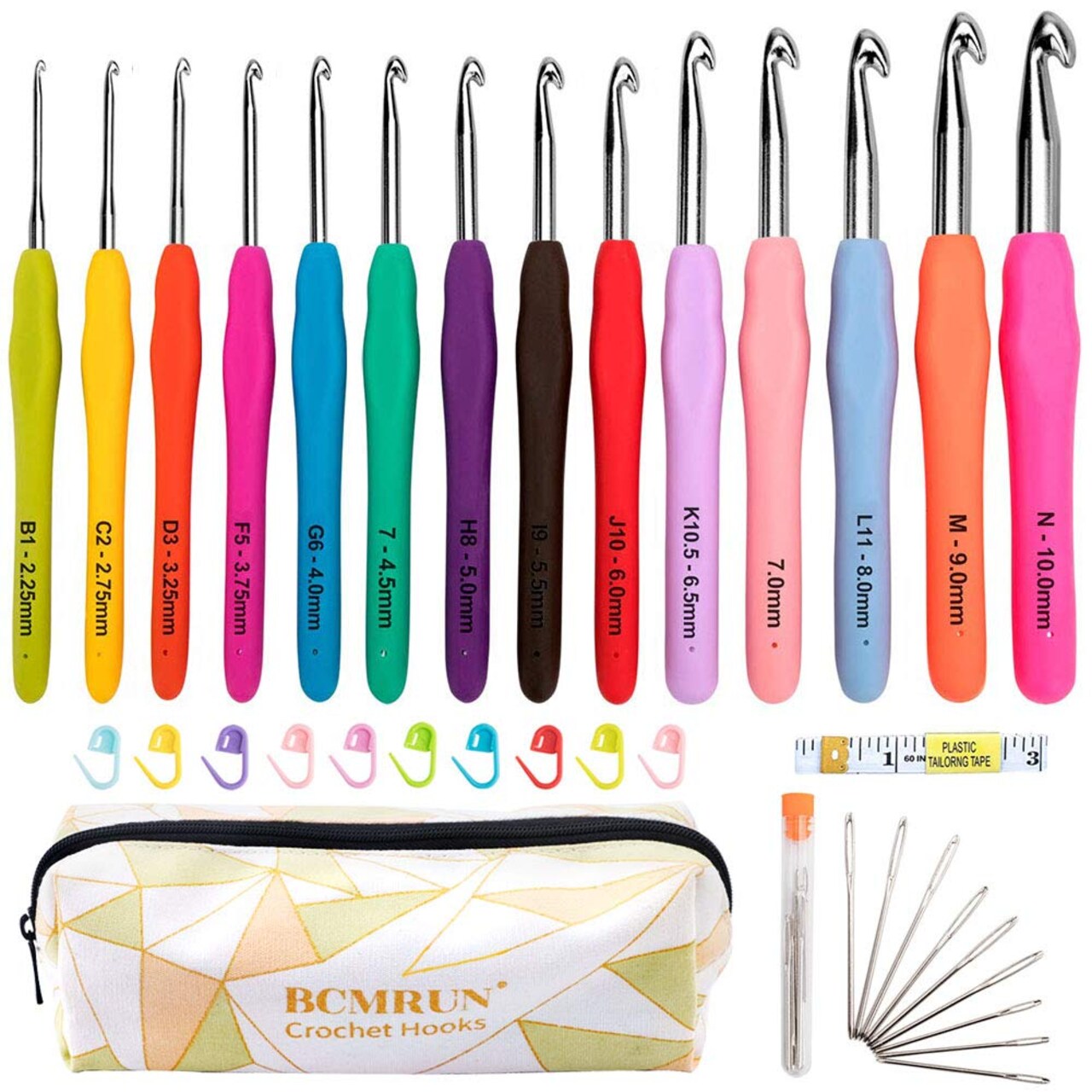 Crochet Hooks Set,14 PCS 2mm(B)-10mm(N) Ergonomic Soft Grip Handles Yarn Knitting Needles Kit with Case for Arthritic Hands, Extra Long  Knit Needles, Best Gift for Women